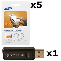 5 PACK - Samsung 32GB MicroSD HC Evo Class 10 UHS-1 TF MicroSDHC TransFlash High Speed Memory Card MB-MP32D 32G 32 GB GIGS (M.E32V.RTx5.550) LOT OF 5 with USB SoCal Trade© SCT Dual Slot MicroSD & SD Memory Card Reader - Retail Packaging