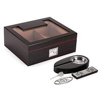 Woodronic Handmade Glass Top Cigar Set Humidor Spanish Cedar Lining, 35 to 50 Count Cigar Display Humidor Case Desktop with Hygrometer Humidifier Ashtray and Cutter, Ebony Finish
