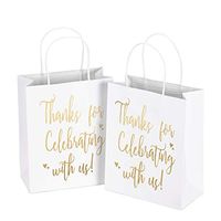 LaRibbons Medium Size Gift Bags - Gold Foil"Thanks for celebrating with us" White Paper Bags with Handles for Wedding, Birthday, Baby Shower, Party Favors - 25 Pack - 8" x 4" x 10"