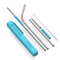 Asobu Reusable Metal and Silicone Flexible Straw with Cleaning Brush and Case (Blue/Pink)