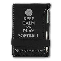 Mini Notepad, Keep Calm and Play Softball, Personalized Engraving Included (Black with Silver)