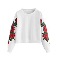 Veodhekai Women's Long Sleeve Tops Rose Embroidery Applique Sweatshirt O-Neck Pullover Top Blouse
