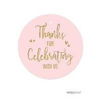 Andaz Press Blush Pink Gold Glitter Print Wedding Collection, Round Circle Gift Tags, Thank You for Celebrating with US, 24-Pack