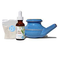Baraka Sinus Complete Ayurvedic Care Kit - USA Handcrafted Dishwasher Safe Ceramic Neti Pot, 1 oz Essential Oil for Dry Nose, and 2 oz Mineral Salt Rinse for Cold Relief - Blue Color