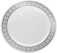 Decor Premium Heavy Weight Disposable Elegant 9" Dinner Plates, Classic Collections Silver & White, 40 Count