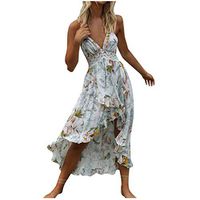 Kiminana Women Sexy Deep V-Neck Backless Holiday Party Dress Summer Floral Print Ruffle Hem Flowy Beach Long Dress
