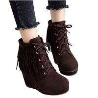 Veodhekai Women Wedge Heel Boots High Heels Solid Color Lace-Up Round Toe OL Students Boots Roman Shoes Brown