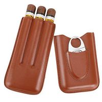 Fortune Nexus® Real Leather Brown Cigar Case with Silver Stainless Steel Cutter