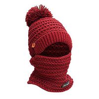 Theoylos Womens Winter Knit Beanie Hat Neck Scarf Faux Fur Pompom Ear Warm Hat Ladies Warm Ski Cap Windproof Ski Cap Red