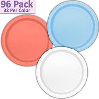 96 Paper Dinner Plates (9") - Light Blue, Coral, White - 32 Per Color, 3 Colors - Great Assortment for Birthday Parties, Weddings, Holidays, Baby Shower, Celebrations, and more