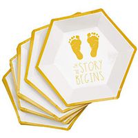 50 Baby Shower Plates - "And The Story Begins" 9 Inch Thick Plates Perfect for Boy or Girl Gold Paper Hexagonal Gender Reveal Plate