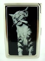 Cigarette Case with Built in Lighter Bad Cat Smoking 03 100's Size Cigarettes Silver Metal Wallet 4.75" X 2.75" RFID Protection