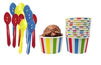 Circus Birthday Party Ice Cream Kit - 8 Ounce Striped Paper Treat Cups - Plastic Spoons - 12 Each - Red Yellow Blue White Ice Cream Sundae Kit