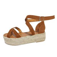 Cenglings Womens Plus Size Open Toe Platform Cross Strap Shoes Shallow Espadrilles Wedge Ankle Strap Beach Party Sandals(Brown,43)