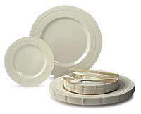 " OCCASIONS" 150pcs set (25 Guests)-Extra Heavyweight Vintage Wedding Disposable/Reusable Plastic Plates (25 x 11'' + 25 x 8.25'') + Silverware (Chateau Collection in Ivory)