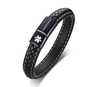 VNOX Medical Alert ID WARFARIN Black Handmade Braided Genuine Leather Magnetic Cuff Bangle Bracelet,8.3"