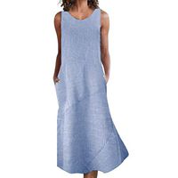 iLUGU Linen Dresses for Women Casual Summer Sleeveless Striped Maxi Dress with Pocket Blue