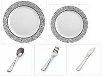 500 pieces WHITE w/SILVER LACE Border China Plates and Silverware Combo for 100 people