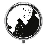 LINARTS Pill Case, Round Pill Box Compact Three Compartment Medicine Tablet Organizer for Pocket Purse Traveling - Black White Cat