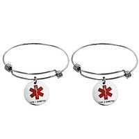 Comfybuy 2pcs Stainless Steel Diabetes Medical Alert ID Bracelet Set Adjustable Cuff Bangle for Men Women