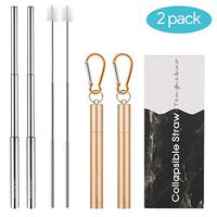Tenghebao 2 Pack Reusable Drinking Telescopic Straws, Collapsible Food-Grade Portable Straws Straw Cleaning Brush Keychain and Aluminum Case,Travel Pocket Size (Gold)