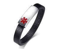 PJ Personalized Stainless Steel Genuine Leather Emergency Medical Alert ID Bangle Bracelet for Men,8.6"