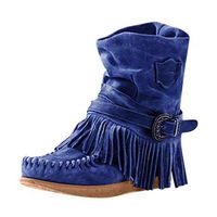 LATINDAY Rome Style Women's Ethnic Ankle Boots Winter Suede Tassel Short Boot Fringe Pleated Boots Blue