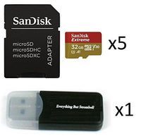 32GB Sandisk Extreme (Five Pack) 4K Micro Memory Card (SDSQXAF-032G-GN6MA) UHD Video Speed 30 UHS-1 V30 32G MicroSD HC Bundle with Everything But Stromboli (TM) Card Reader