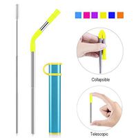 Reusable Collapsible Straw, Portable Stainless Steel Drinking Straw with Case, Straw Tip and Cleaning Brush for Travel, Party, Outdoor and Home Use (Blue Case Yellow Tip)