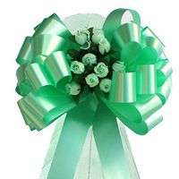 Mint Green Pull Bows with Tulle Tails and Rosebuds - 8" Wide, Set of 6, Wedding Pew Bows, Aisle Decoration, Reception, Anniversary, Birthday, Christmas, Fundraiser, School Dance, Spring