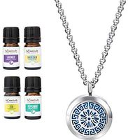 Key Medallion Essential Oil Diffuser Necklace Stainless Steel Locket Pendant with 24" Chain+ 4 Essential Oils Gift Set