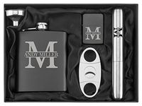 Custom Initial Engraved 7 oz Flask Funnel Cigar Cutter Lighter Stainless Steel Gift Box Set Personalized