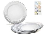 " OCCASIONS" 120 Plates Pack, Heavyweight Disposable Wedding Party Plastic Plates (10.5'' Dinner Plate, Celebration in White & Silver)