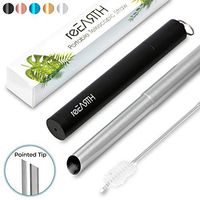 Portable Collapsible Reusable Boba Straw With Pointed Tip, Jumbo Stainless Steel Drinking Straw With Case, With Telescopic Cleaning Brush, Carrying Key Chain - reEARTH (Black)