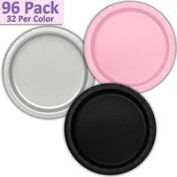 96 Paper Dinner Plates (9") - Light Pink, Silver, Black - 32 Per Color, 3 Colors - Great Assortment for Birthday Parties, Weddings, Holidays, Baby Shower, Celebrations, and more