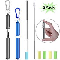 Collapsible Reusable Straws Stainless Steel, Telescopic Metal Straws Drinking Straw with Portable Travel Case, Keychain, Cleaning Brush, Silicone Tips, 2 Pack (Royal Blue & Grey)