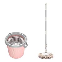 SSN Rotary mop bar Hand-Free mop efficient Dehydration Cleaning mop Bucket Round Microfiber mop Head Household Wood Floor Tile with Bucket mop (Color : Pink)