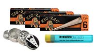 Zig Zag 1 1/4 Pre Rolled Cones (3 Packs), Hippie Butler 42mm Herbal Grinder, Hippie Butler Kewltube - 5 Item Bundle