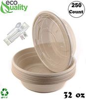 250 Count - 32oz Round Disposable Bowls with Lids and Cutlery - Natural Sugarcane Bagasse Bamboo Fibers Sturdy Compostable Eco Friendly Environmental Paper Plastic Bowl Alternative - Fork,Spoon,Knife