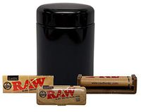 RAW Natural Unrefined 1 1/4 Rolling Paper, RAW 79mm Roller, RAW 1 1/4 Metal Paper Case, with Leaf Lock Gear Air-Tight UV Glass Stash Jar - 4 Item Bundle