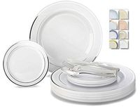 " OCCASIONS" 300 Pcs Set & 60 Guest Wedding Disposable Plastic Plate & Silverware Combo Set (White & Silver rim plates, Silver Silverware)