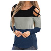 FEISI22 Women's Color Block Tunics Short/Long Sleeve Shirts O Neck Blouse Casual Loose Tops Off-Shoulder top