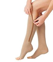 Runee Zipper Compression Sock Open Toe Knee Length Leg Calf Support (S/M, Beige)