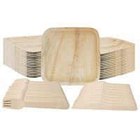 Biodegradable Plates Forks and Knives, Eco Friendly Disposable Palm Leaf Dinnerware, 50 Plates, 50 Wood Forks, 50 Knives