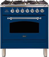 Ilve UPN76DMPBLX Nostalgie Series 30 Inch Dual Fuel Convection Freestanding Range, 5 Sealed Brass Burners, 3 cu.ft. Total Oven Capacity in Blue, Chrome Trim (Natural Gas)