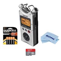 Tascam DR-40 4-Track Handheld Digital Audio Recorder, Silver - Bundle with 32GB MicroSDHC Card, AA Alkaline Batteries (4 Pack), Microfiber Cloth