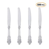 Plastic Silver Knives Heavyweight 600 Pcs - Heavy Duty Fancy Baroque Silverware - Disposable Knife Party Set - Bulk Cutlery Utensils Flatware Supplies For Wedding, Easter, Birthday & All Occasions