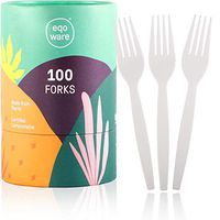 eqoware Certified Compostable Forks Made from Plants | 100 Pack | 7" Large, Sturdy & Heat Resistant | Convenient Serving & Storage Holder | Design-led Eco Friendly Disposable Forks for Homes & Offices