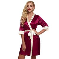 Haxikocty Women Lingerie Robe Satin Silk Gown Pajamas Cardigan Soft Nightdress Splice Bathrobe Wine