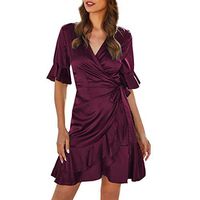 Eoeth Women Sexy V-Neck Silk Mermaid Dress Fashion Solid Ruffle Petal Sleeve Knee-Length Dress Strap Chiffon Beach Dress Wine
